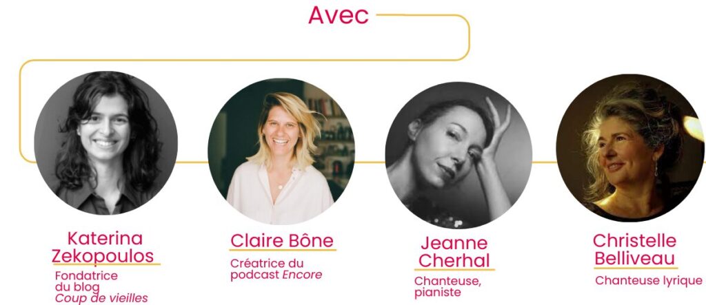 Une image avec quatre portraits alignés horizontalement, représentant quatre femmes accompagnées de leurs noms, titres et contributions. Les portraits sont reliés par un design graphique en ligne dorée avec le mot "Avec" inscrit en haut.