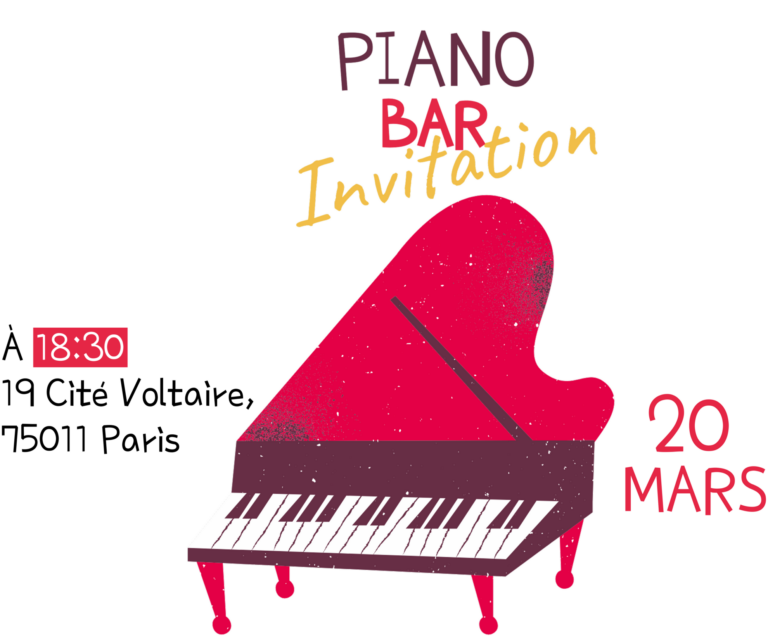 Illustration d’une invitation à un piano-bar, avec un piano à queue rouge et les inscriptions "Piano Bar Invitation", "20 mars" et "18:30".