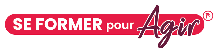 Logo "SE FORMER pour Agir" avec un design en rouge et blanc, mettant en valeur les mots "SE FORMER" en gras et "Agir" en écriture manuscrite stylisée.